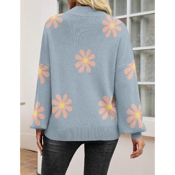WomenLong Sleeve Turtleneck Pullover Lantern Ribbed Knit Loose Crewneck Sweater - Picture 5 of 5